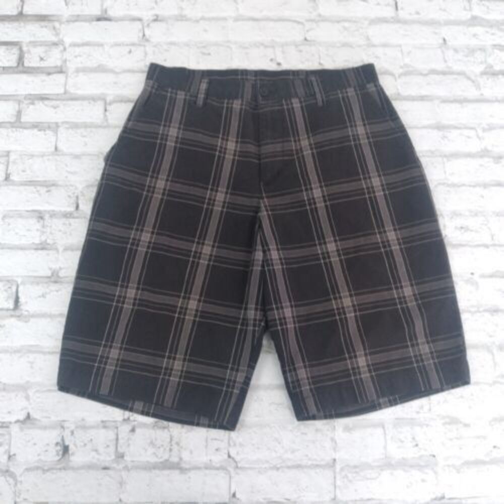 Burnside Shorts Mens 30 Black Gray Plaid Flat Front Pockets Casual Golf Skater